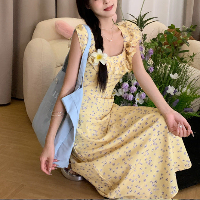 2025 Coffee Break  Yellow Square Neck Floral Suspender Dress Children's Summer New Small Temperament Long Dress