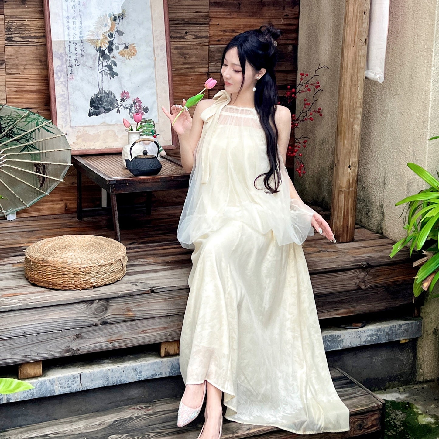 2025 Sanya travel wear beach skirt women's summer new Chinese holiday style fake two-piece printed loose neck dress