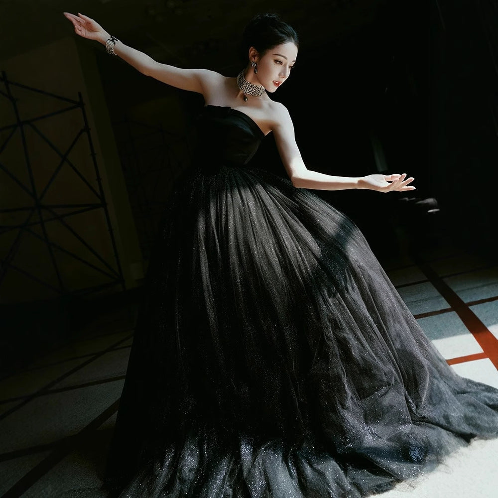 2025 Black evening dress dress Reba star with the same tube top tutu skirt women's high sense birthday party temperament princess dress
