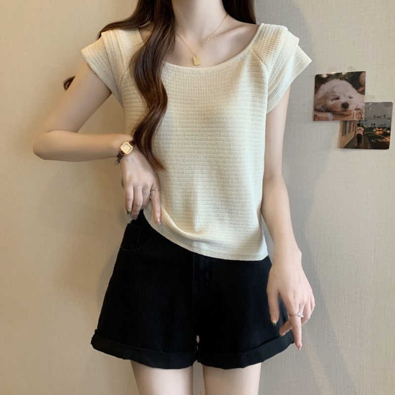 2025 Large size women's clothing new design sense sweet and spicy dew collarbone flying sleeves short sleeves ice silk knitted sweater top women's clothing