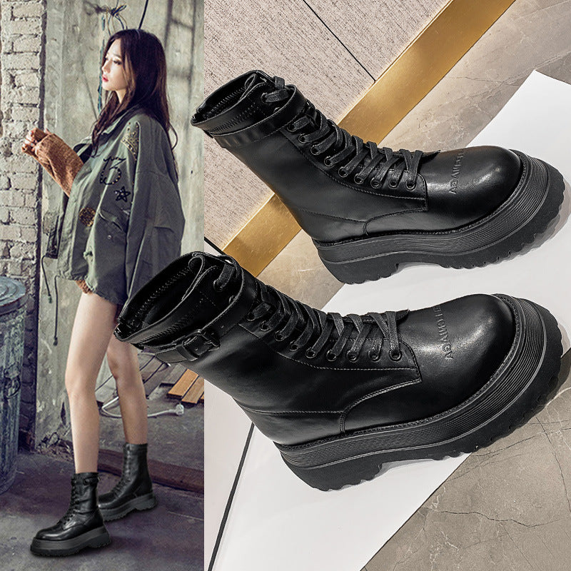 2025  Big head Martin boots women's popular Paris new retro platform heightening medium boots double zipper locomotive short boots women's tide