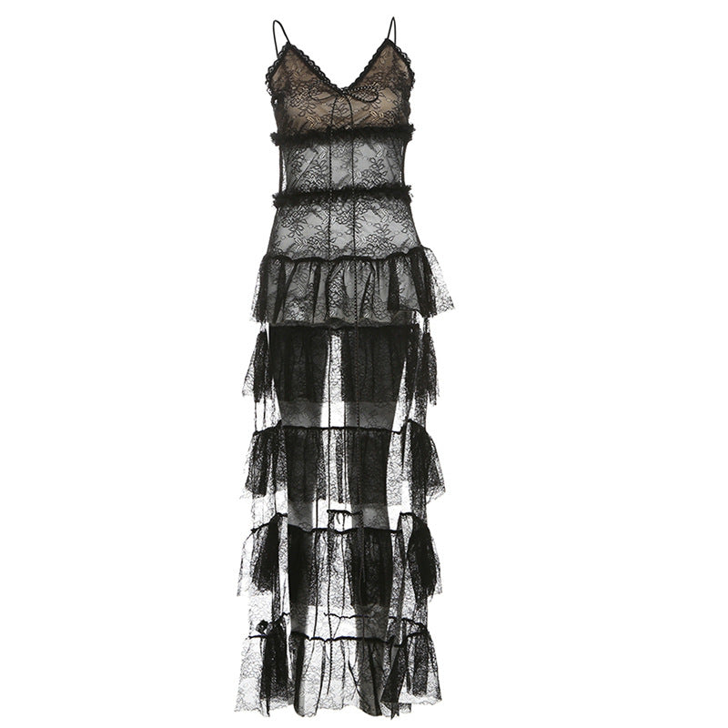 2025 style popular autumn new women's clothing sexy deep V lace hollow perspective slim suspender dress
