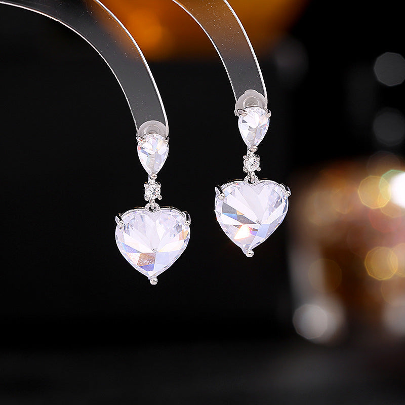 2025 S925 silver needle zircon inlaid ear jewelry trendy sweet temperament girlish heart temperament simple water drop love shape earrings