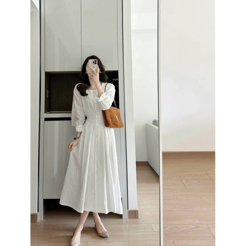 2025 white v-neck hollow dress for women's spring new bubble short-sleeved A-word first love dating dress