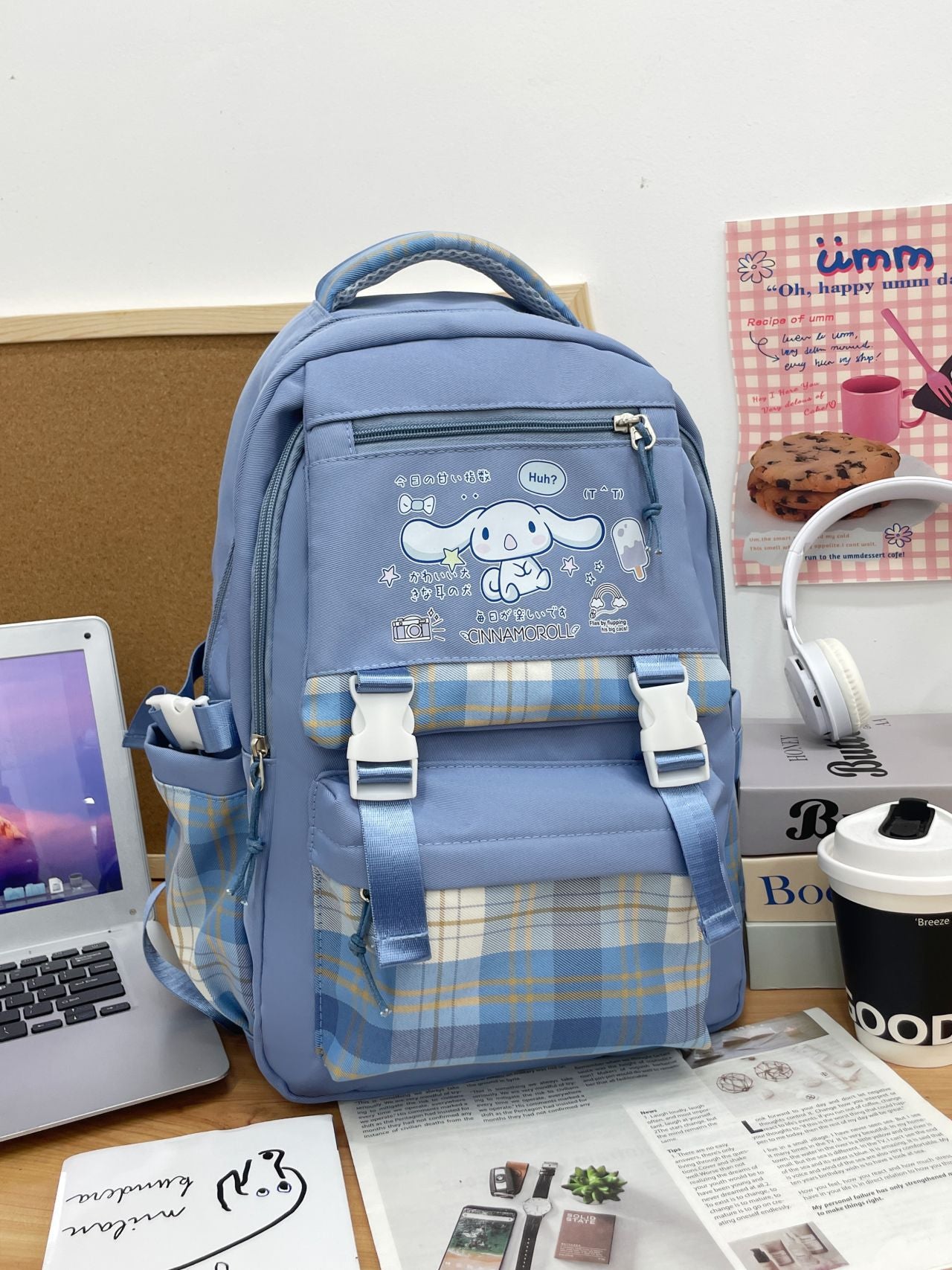 Printed Sanrio Schoolbag Large-Capacity Backpack Plaid Color Matching Backpack Medium and Large Student Campus Backpack Primary School Students