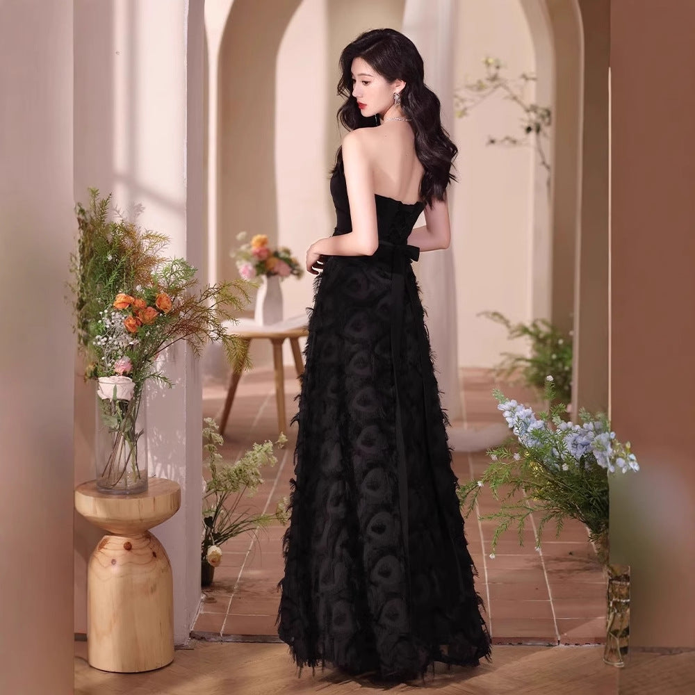 2025 Black tube top evening dress women  new banquet temperament host long dress high-end light luxury niche high sense