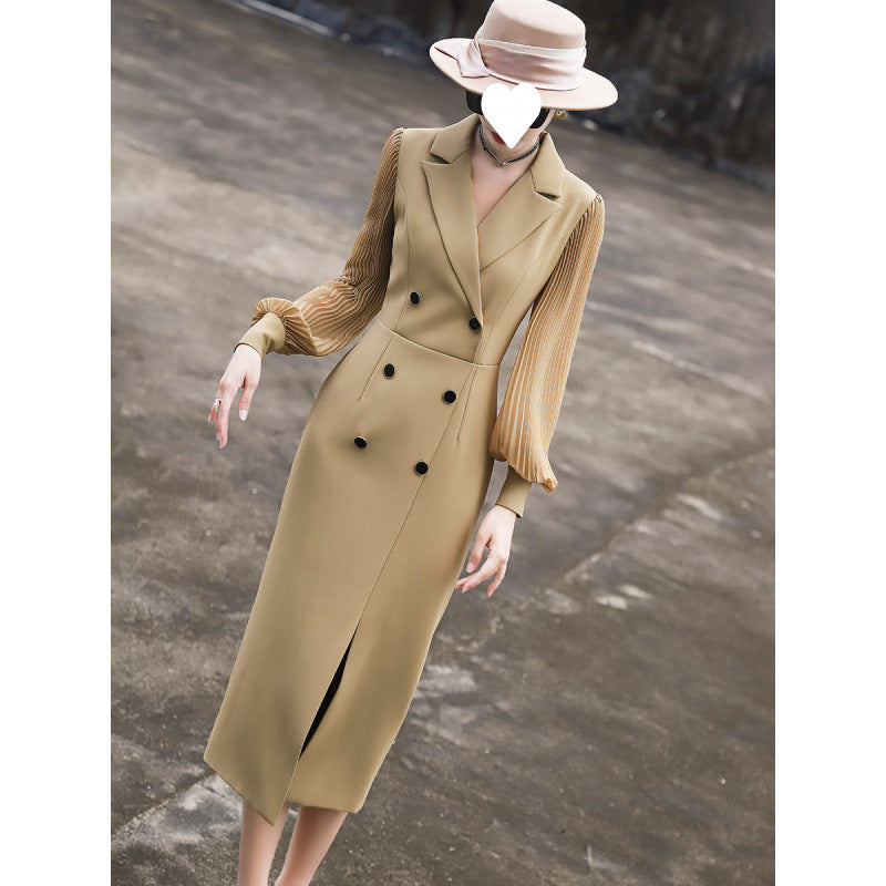 2025 spring new temperament commuter high-end long-sleeved suit skirt slim and thin split dress