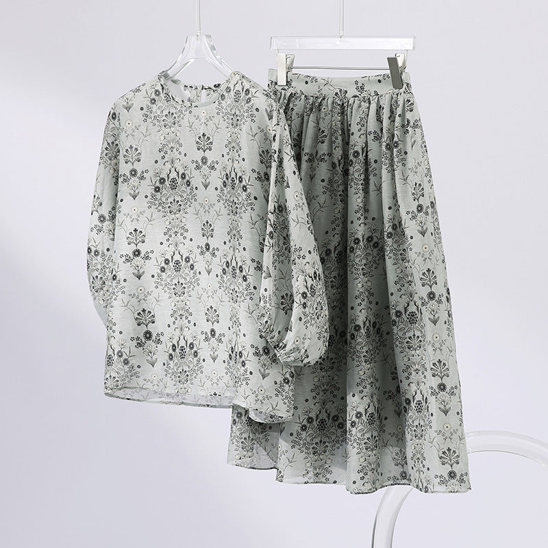2025 Flax + mulberry silk shirt skirt silk linen set, high-end floral silk skirt two-piece women's clothing