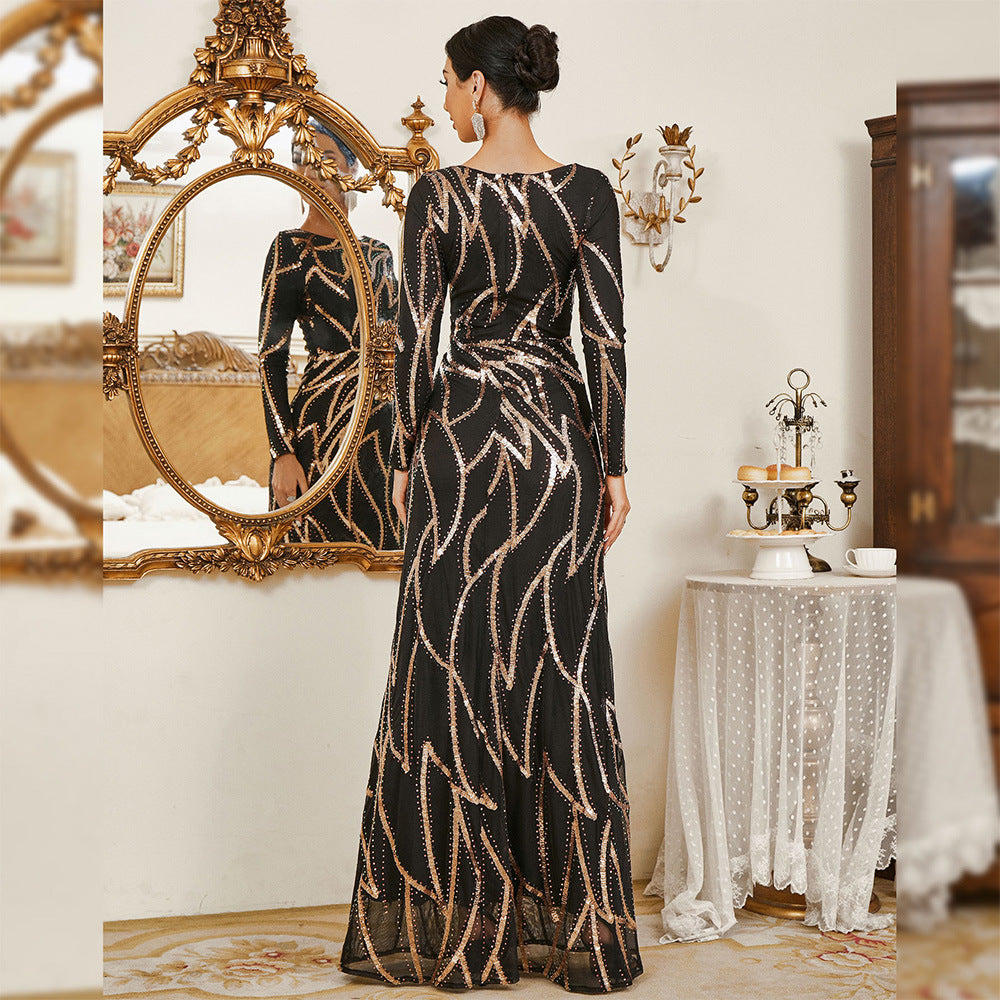 2025 high-end temperament long-sleeved crew neck sexy long sequined banquet evening dress bridesmaid dress women