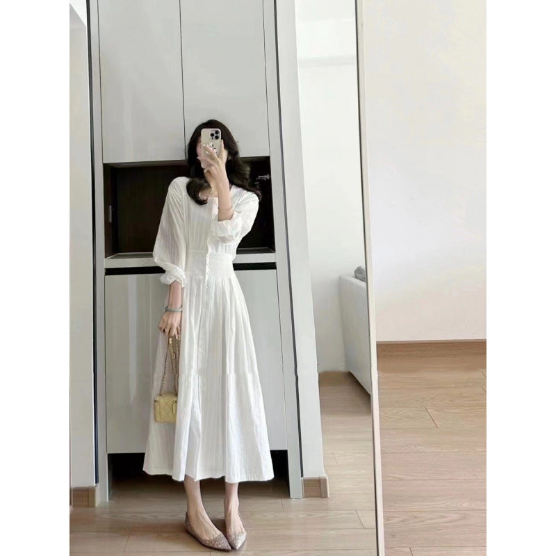 2025 white v-neck hollow dress for women's spring new bubble short-sleeved A-word first love dating dress