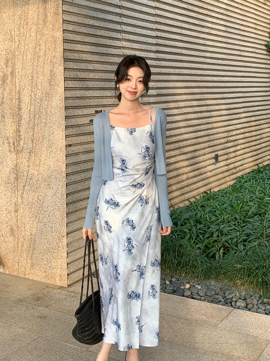 2025 spring and summer new Korean version high waist suspender dress printed pure desire vacation skirt women 88187