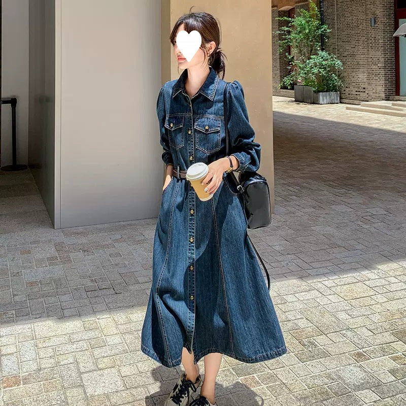 2025 Autumn long denim dress long sleeve autumn wear women's  new model fashion trend high sense super good-looking