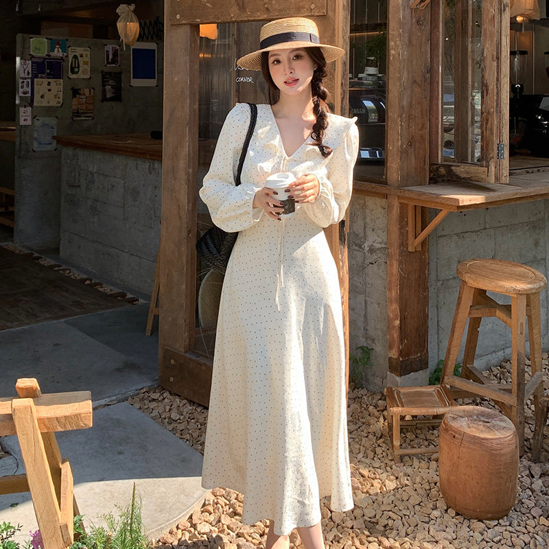 2025 spring new  temperament polka dot retro high waist long sleeve thin dress 88198