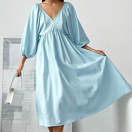 2025 Sky blue cotton and linen V-neck hollow lace-up pullover dress popular  spring fashion new New women's clothing