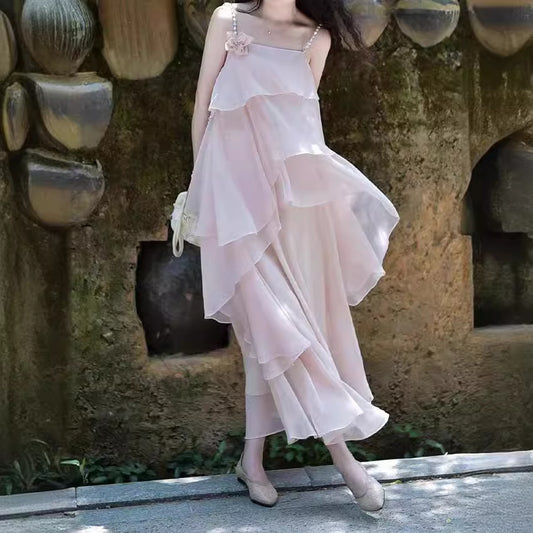 2025 Summer new Chinese retro romantic pink suspender fairy style design irregular top skirt two-piece set