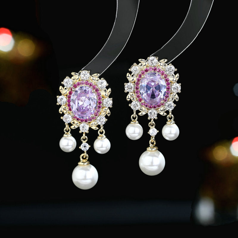 2025 court style elegant temperament s925 silver needle high-end earrings oval zircon inlaid pearl fringed earrings