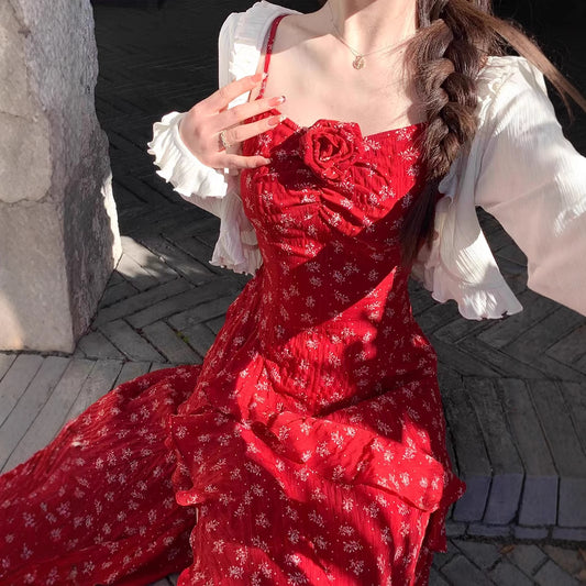 2025 Beauty is not defined by floral dress /temperament red holiday suspender split dress two-piece suit women