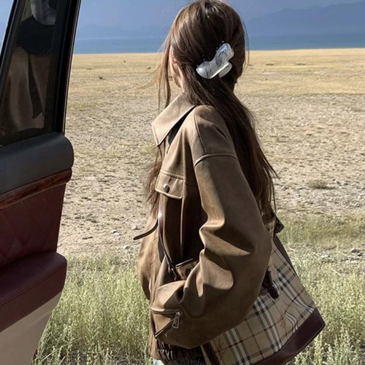 2025 spring clothing new popular locomotive clothing high sense super good-looking coffee leather jacket short jacket thin women