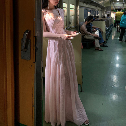 2025 Sakura fall  spring and summer new light pink lace print multi-cut long dress women