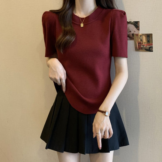 2025 Large size women's clothing Spice Girls short-sleeved short front shoulder knitted sweater women's unique and chic clothes design sense niche