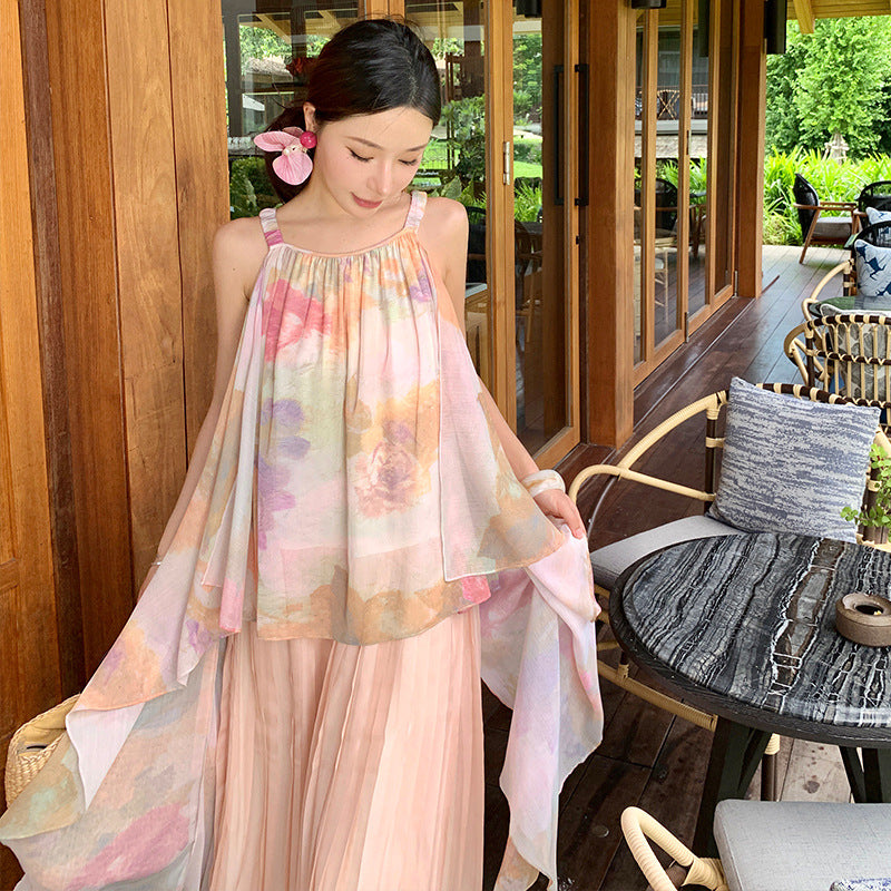 2025 color seaside vacation style suspender dress women's summer new fake two-piece sleeveless mesh pleated dress