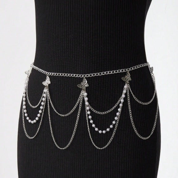 FB3351 2025 waistchain alloy hollow butterfly accessories multi-layer wave fringed pendulum chain waist chain waist accessories