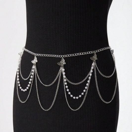 FB3351 2025 waistchain alloy hollow butterfly accessories multi-layer wave fringed pendulum chain waist chain waist accessories