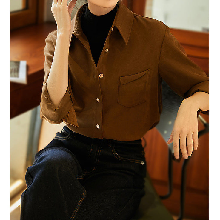 2025 Textured corduroy long-sleeved shirt  spring new women's clothing, shirt professional commuter women's autumn top