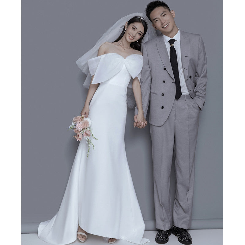 2025 light wedding dress bow shoulder high-end dress simple travel photography super fairy fish tail Korean welcome door dress