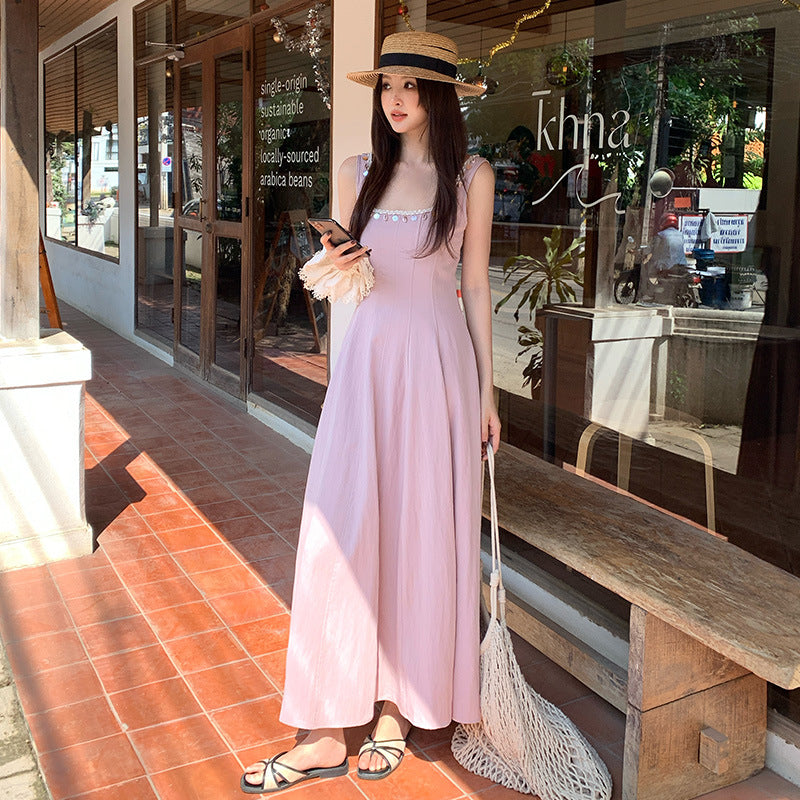 2025 Thirteen Lines  Spring and Summer New  Retro Crew Neck Temperament Sequin Suspender Dress 88177