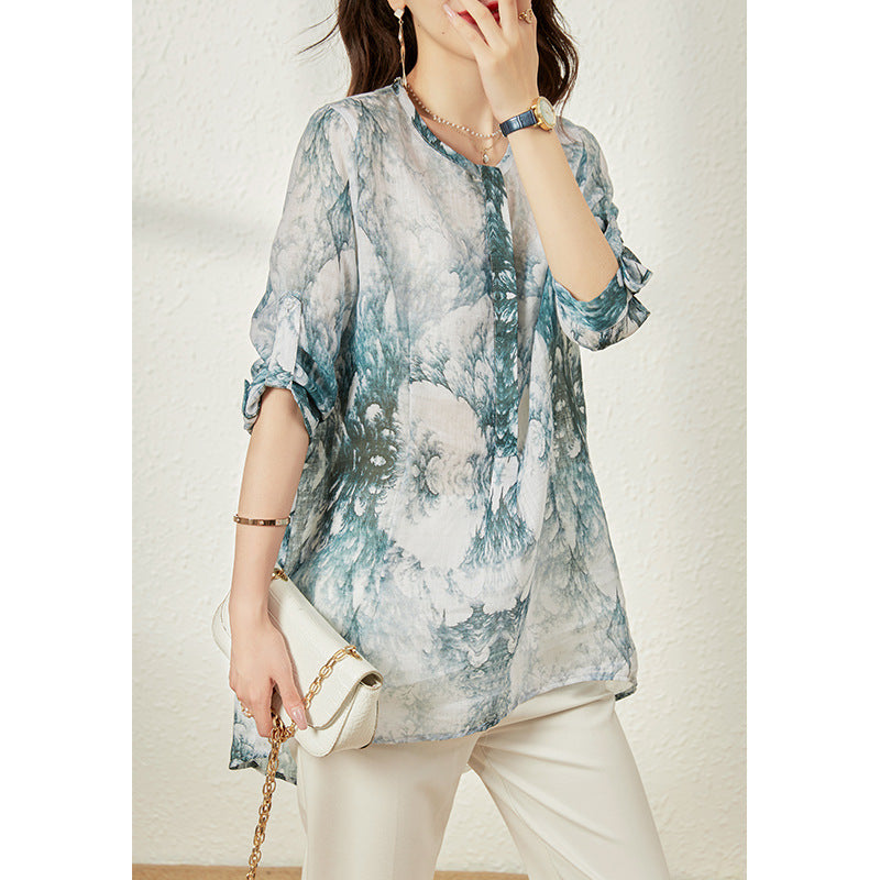 2025 Pure hemp shirt Mori-printed new Chinese style loose version cardigan temperament shirt top  summer women's clothing
