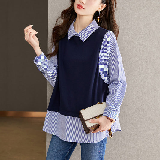direct sales blue stripe splicing knitted fake two-piece shirt women's long sleeves loose and thin literary temperament top