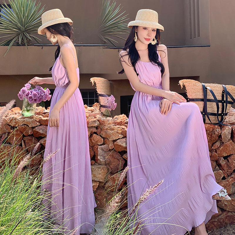 2025 Seaside vacation wind suspender pleated fairy photo dress female  sweet wind small temperament long dress summer