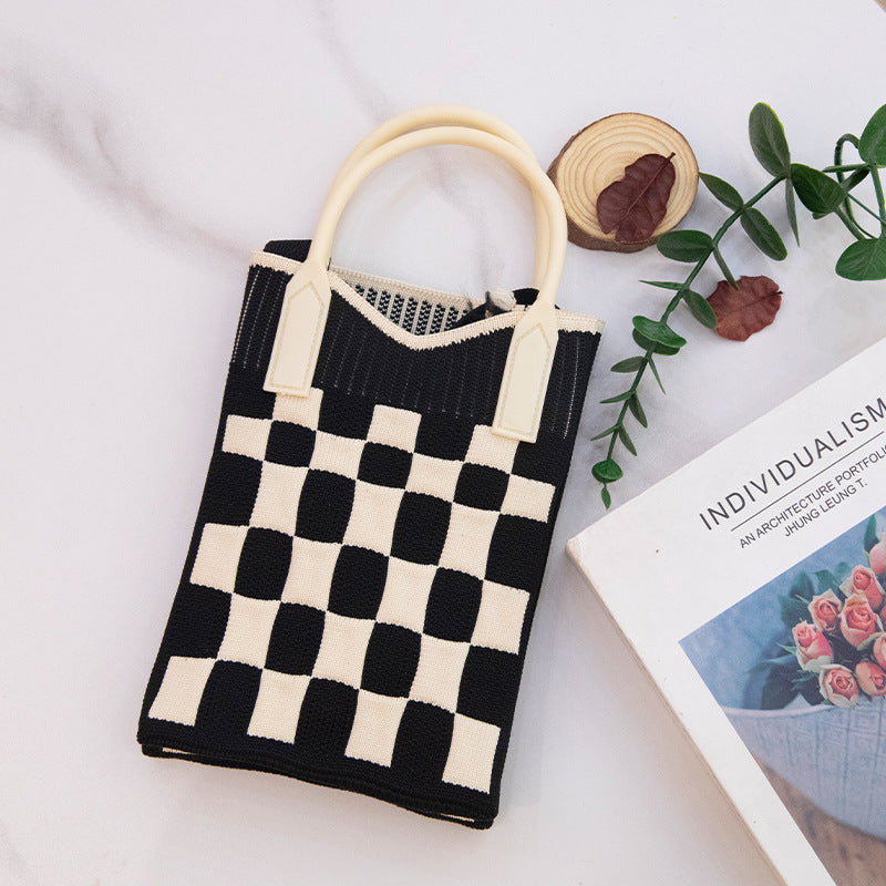 Portable Small Cloth Bag Cross-Border New Arrival Fashion Plaid Knitted Tote Bag Versatile Leisure Phone Bag Women's Shoulder Bag