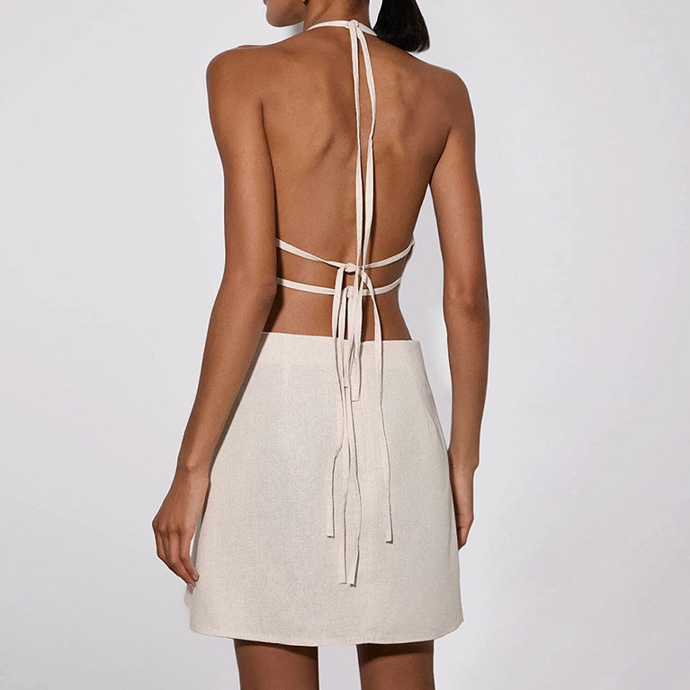 2025 Spring and summer cotton and linen vacation style new neck hollow backless dress popular  fashion New wholesale women's clothing