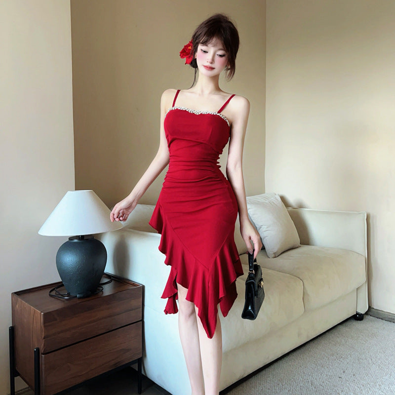 Red socialite women's clothing 2025 new  temperament sexy suspender dress small irregular tube top skirt