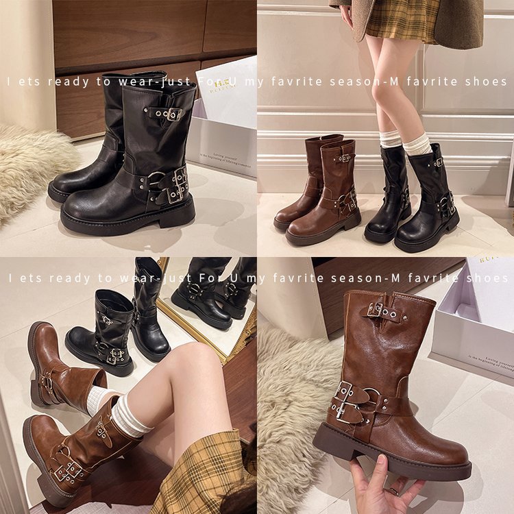 2025  Korean mid-tube boots women's popular new brown round head pleated mid-tube Martin boots