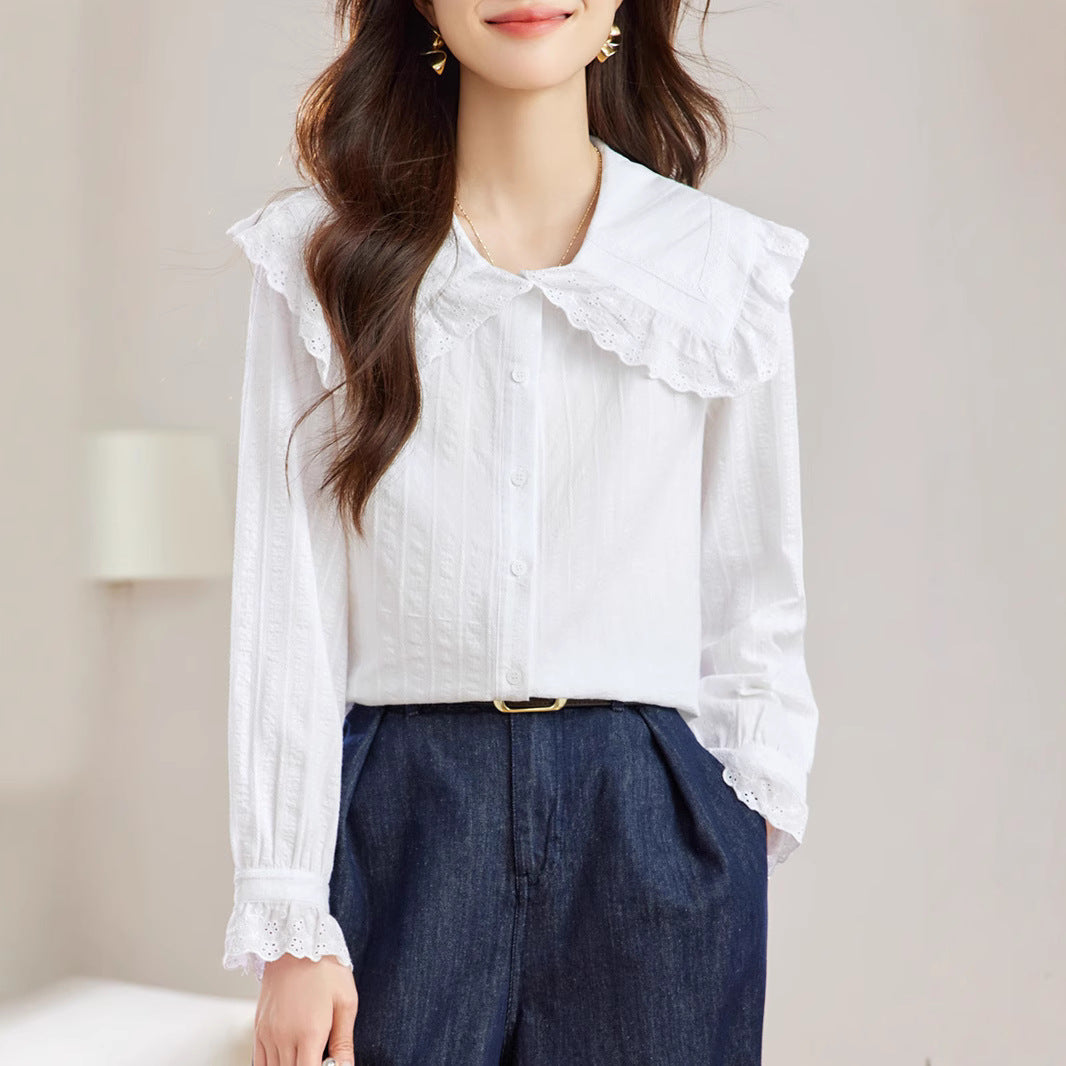Cotton cocoon, sweet doll collar shirt women's long sleeves  spring and autumn clothes new Popular style top shirt women's shirt