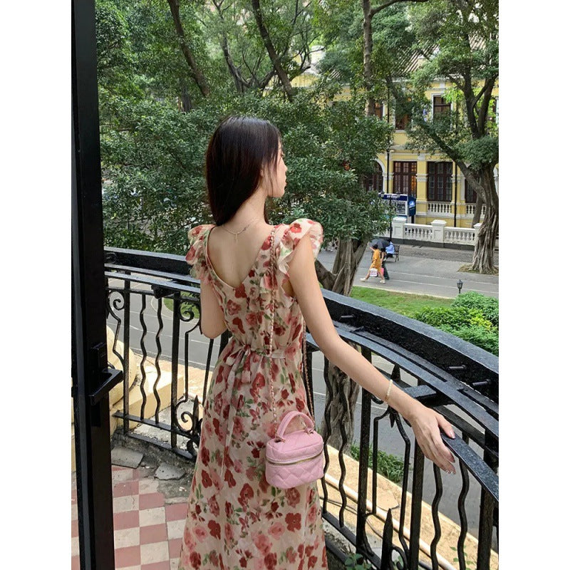 2025 retro floral dress women's summer new Feifei sleeve design feeling waist and thin word long dress
