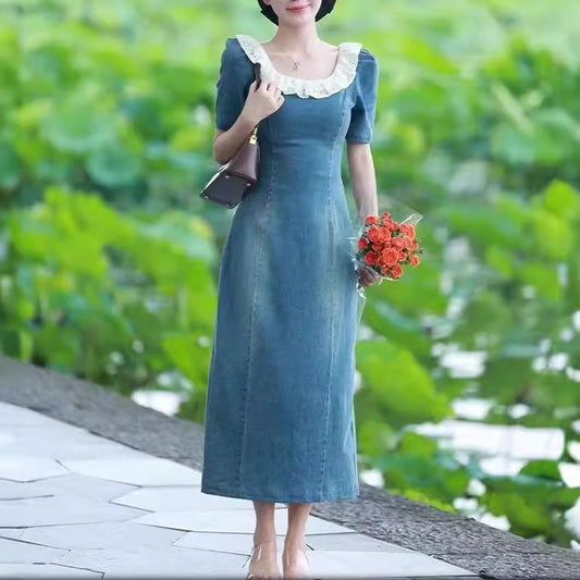 2025 retro washed blue thin denim dress summer lace splicing thin slim knee skirt