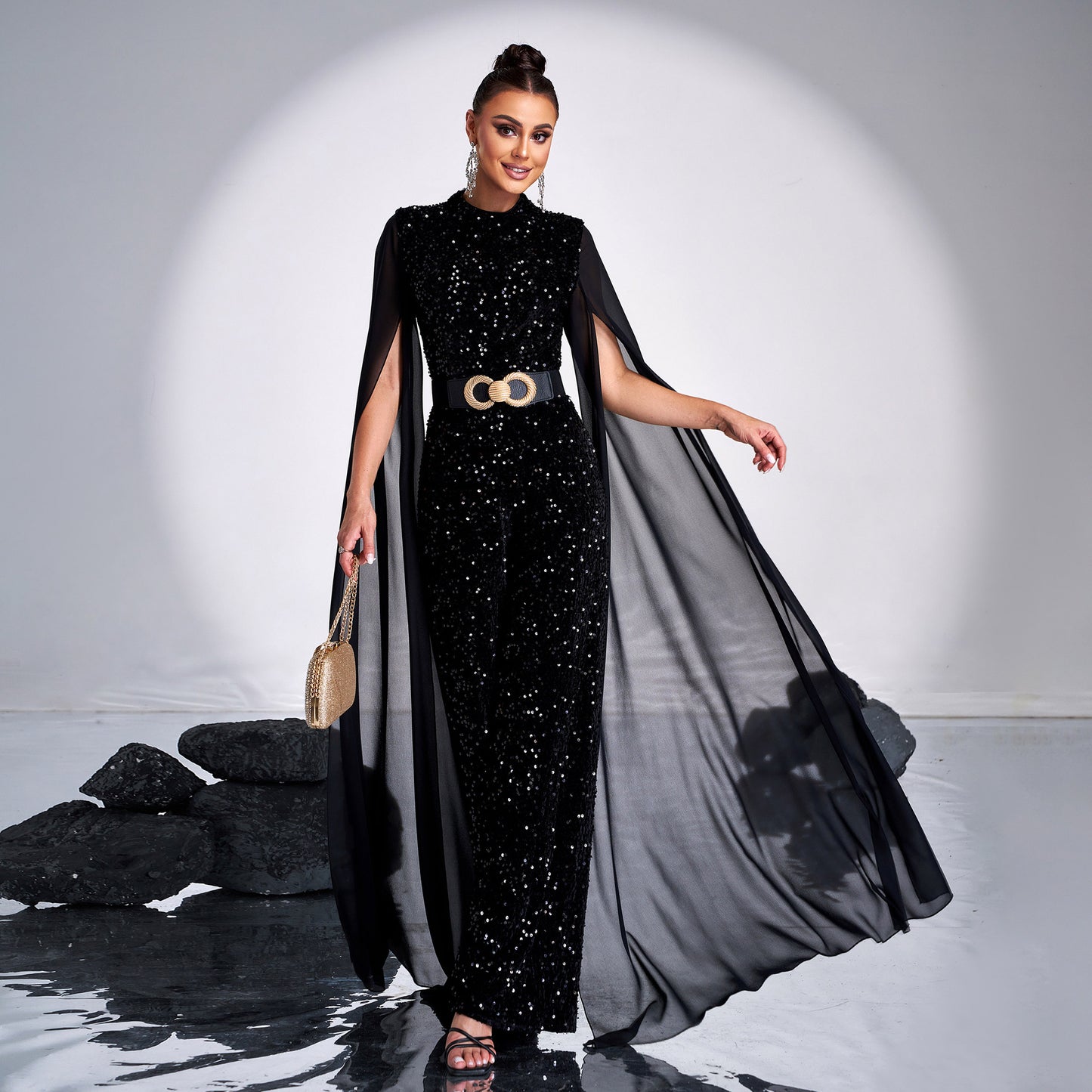 2025 women's clothing high-end temperament long-sleeved round neck sequined banquet jumpsuit evening dress bridesmaid dress
