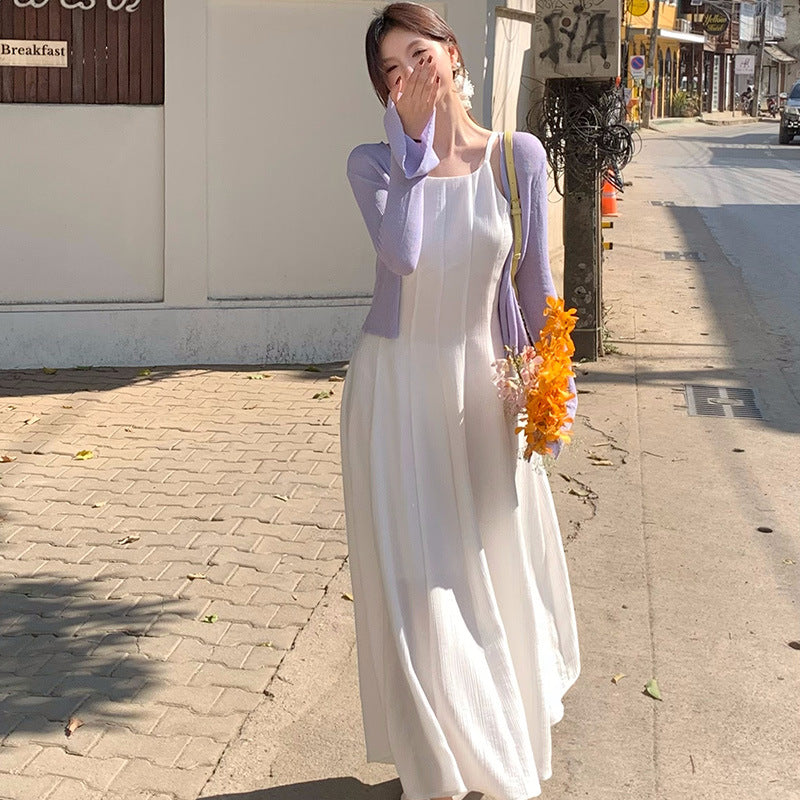 2025 spring new Korean version high waist elegant suspender dress round neck solid color pure desire skirt 88232
