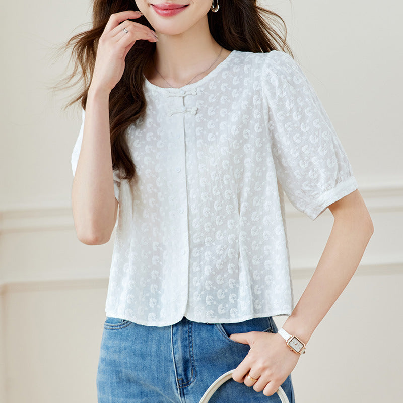 Cotton cocoon, new Chinese style craft embroidered button-up shirt women's commuter short thin and sweet top