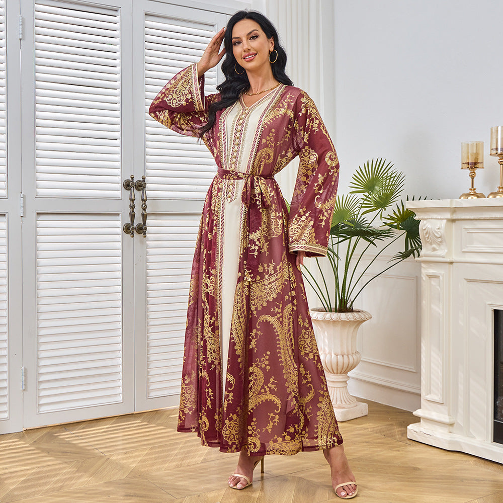 MT212 Middle East robe V-neck cardigan muslim two-piece set bronzing dress Muslim Popular trade suit dress
