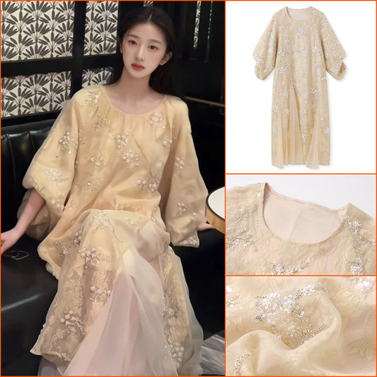 New Chinese style flower bead embroidered high-end dress light luxury design temperament long dress N2034
