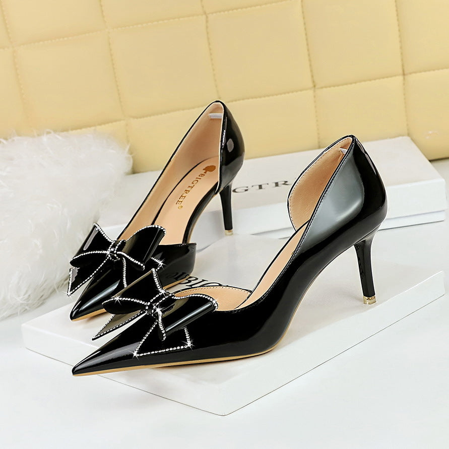2025 638-AH12  banquet women's shoes thin heel high heel shallow mouth pointed side hollow rhinestone bow single shoes women