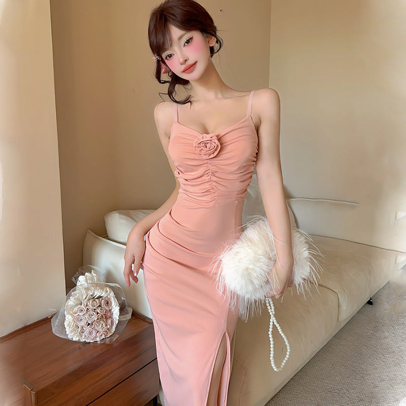 Banquet dress women's 2025 summer dress new  retro V-neck suspender temperament rose split dress