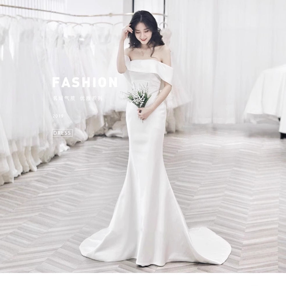 2025 One-word shoulder sexy backless satin light wedding dress simple atmosphere trailing  new thin fishtail bride wedding
