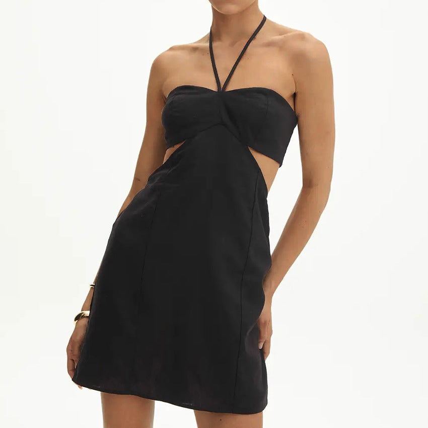 2025 Sexy design suspender off-the-shoulder fashion versatile black cotton and linen slim-fit dress  summer neck skirt