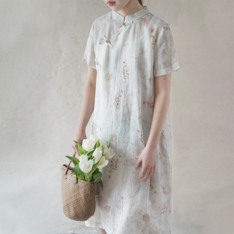 literary and artistic light Chinese style printed ramie cheongsam retro Republic of China thin and versatile dress L21088